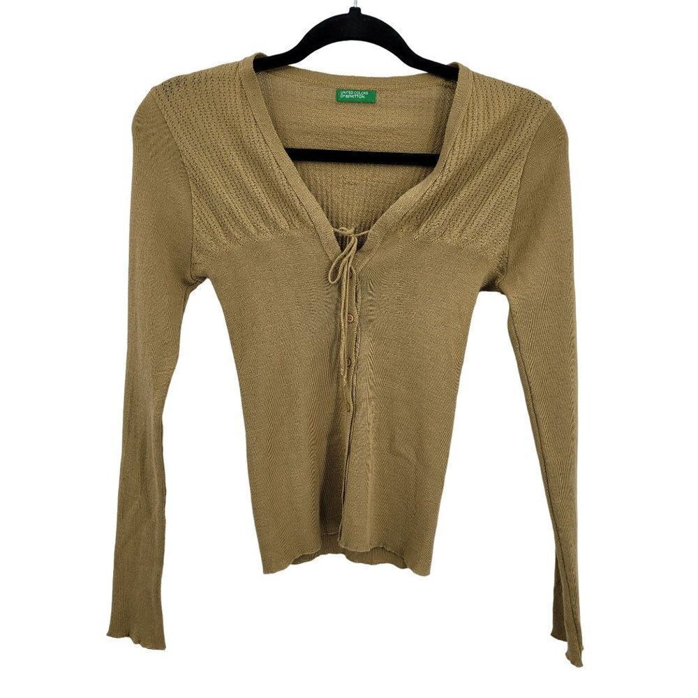 90's United Colors Of‎ Benetton Cardigan Sweater Mini Wool Button Tie Camel XXS